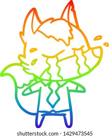 rainbow gradient line drawing of a cartoon crying wolf wearing work clothes