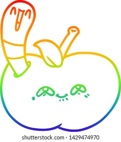 dibujo de una línea de gradiente de arco iris de un gusano de dibujos animados en manzana feliz