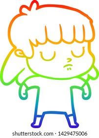 rainbow gradient line drawing of a cartoon indifferent woman