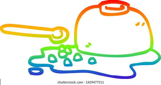 rainbow gradient line drawing of a cartoon spilt cereal bowl