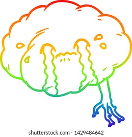 rainbow gradient line drawing of a cartoon brain with headache