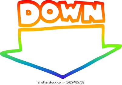 dibujo de línea de gradiente de arco iris de una flecha hacia abajo de dibujos animados