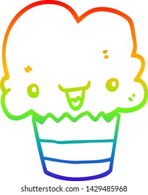 rainbow gradient line drawing of a cartoon cupcake with face