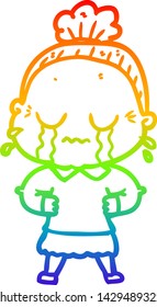 rainbow gradient line drawing of a cartoon crying old lady
