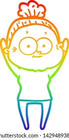 rainbow gradient line drawing of a cartoon happy old woman