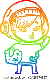 rainbow gradient line drawing of a cartoon astronaut woman