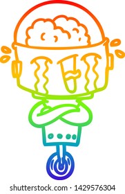 rainbow gradient line drawing of a cartoon crying robot