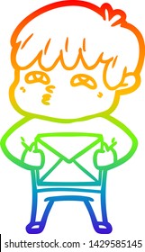 dibujo de una línea de gradiente de arcoiris de un hombre curioso de dibujos animados