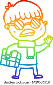 dibujo de una línea de degradado de arco iris de un niño de dibujos animados sosteniendo regalos y usando espectáculos