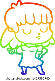 rainbow gradient line drawing of a cartoon indifferent woman