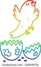 rainbow gradient line drawing of a cartoon bird hatching from egg