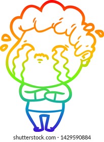Regenbogen-Farbverlauf-Linie Zeichnung eines Cartoon-Mann weinend