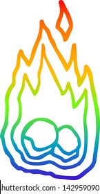 rainbow gradient line drawing of a cartoon burning coals
