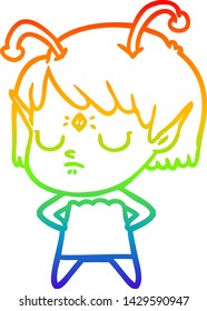 rainbow gradient line drawing of a cartoon alien girl