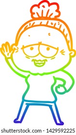 rainbow gradient line drawing of a cartoon happy old lady