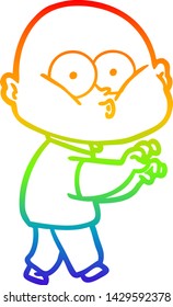 rainbow gradient line drawing of a cartoon bald man staring