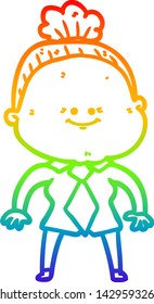 rainbow gradient line drawing of a cartoon happy old woman
