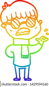 dibujo de una línea de gradiente de arco iris de un niño de caricatura que usa espectáculos