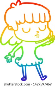 rainbow gradient line drawing of a cartoon indifferent woman