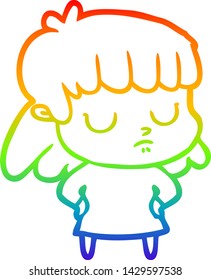 rainbow gradient line drawing of a cartoon indifferent woman