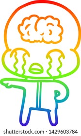 dibujo de la línea de gradiente del arco iris de una caricatura de un gran alien del cerebro llorando