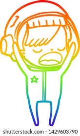 rainbow gradient line drawing of a cartoon astronaut woman explaining