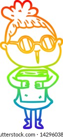 rainbow gradient line drawing of a cartoon woman wearing spectacles