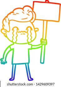 rainbow gradient line drawing of a cartoon man crying holding sign