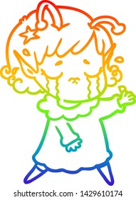 rainbow gradient line drawing of a cartoon crying alien girl