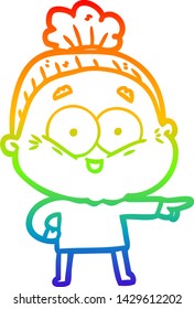 rainbow gradient line drawing of a cartoon happy old woman