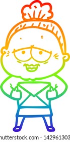 rainbow gradient line drawing of a cartoon happy old lady