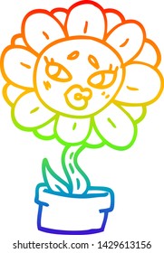 dibujo de línea de gradiente de arco iris de una flor de dibujos animados