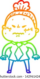 rainbow gradient line drawing of a cartoon annoyed old lady