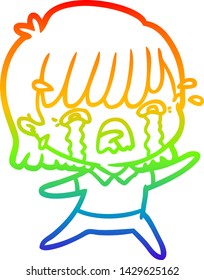 rainbow gradient line drawing of a cartoon girl crying