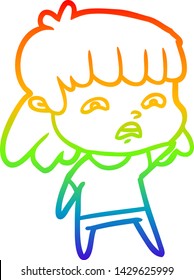 rainbow gradient line drawing of a cartoon worried woman
