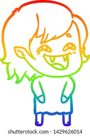 rainbow gradient line drawing of a cartoon laughing vampire girl