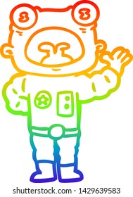 rainbow gradient line drawing of a cartoon weird alien waving