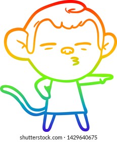 dibujo de una línea de gradiente arco iris de un mono sospechoso de la caricatura