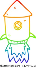 rainbow gradient line drawing of a cartoon space rocket