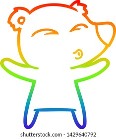dibujo de una línea degradada de arco iris de un oso silbador de caricatura con los brazos abiertos