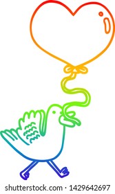 dibujo de línea de gradiente de arco iris de un pájaro de dibujos animados con globo cardíaco
