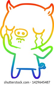 rainbow gradient line drawing of a cartoon pig crying