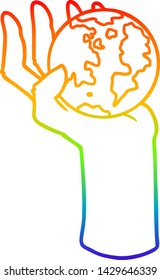 rainbow gradient line drawing of a cartoon hand holding whole earth