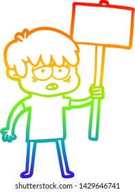 dibujo de una línea de degradado de arco iris de un niño exhausto de dibujos animados con un cartel
