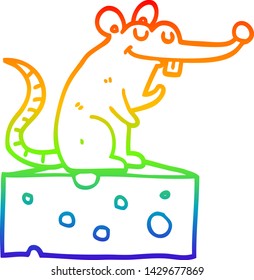 rainbow gradient line drawing of a cartoon mouse sitting on cheese