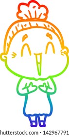 rainbow gradient line drawing of a cartoon happy old lady