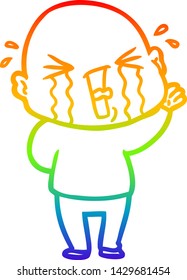 rainbow gradient line drawing of a cartoon crying bald man