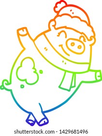 dibujo de una línea de gradiente de arco iris de un cerdo de dibujos animados con sombrero de navidad