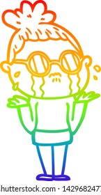 rainbow gradient line drawing of a cartoon crying woman wearing spectacles