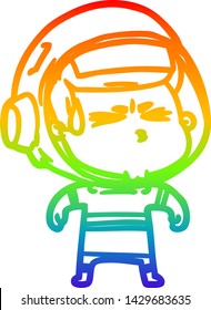 rainbow gradient line drawing of a cartoon stressed astronaut